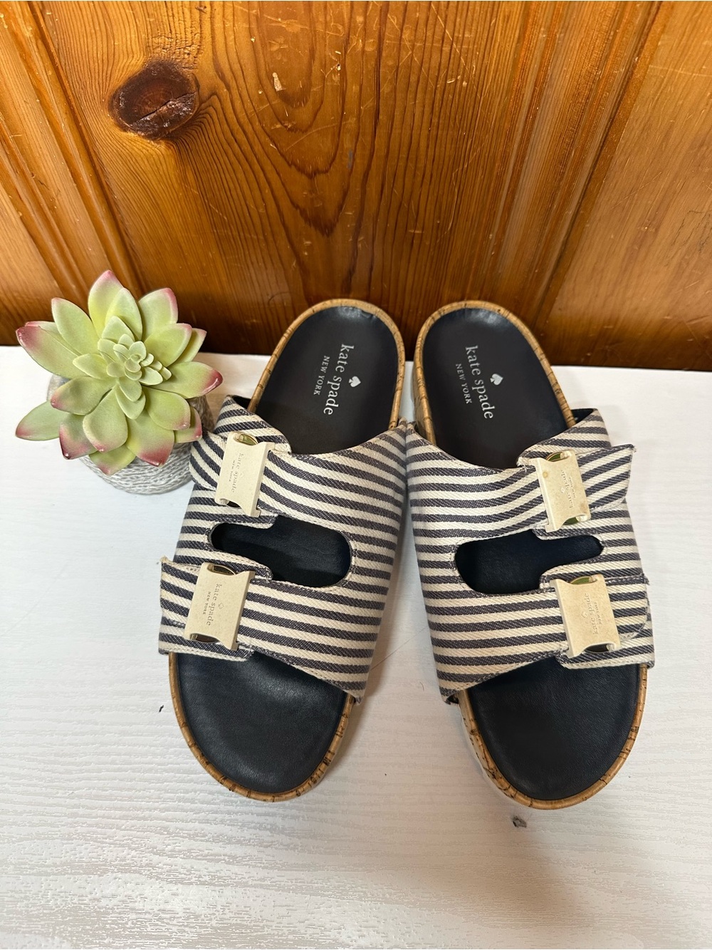 kate spade striped black and cream slide sandals